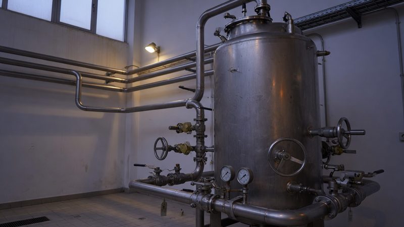 A polished stainless steel process vessel in a pharmaceutical manufacturing suite, valves, gauges and orbital-welded pipework, clean white walls