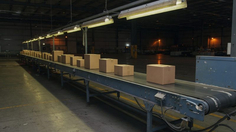 A long straight belt conveyor in a distribution centre at night carrying a line of plain cardboard parcels, overhead lights reflecting on the floor