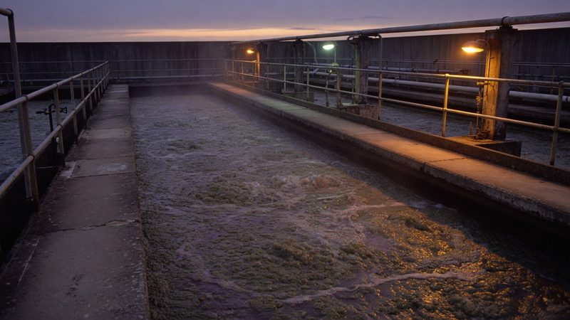 An aeration lane at a sewage treatment works at dusk, the surface of the activated sludge bubbling, concrete walkways and handrails