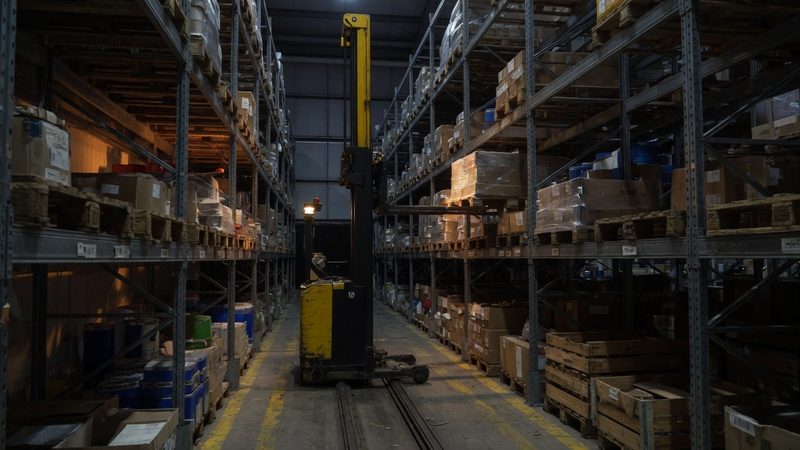 An automated stacker crane in a narrow aisle of a high-bay pallet warehouse, tall steel racking stacked with pallets disappearing into the dark