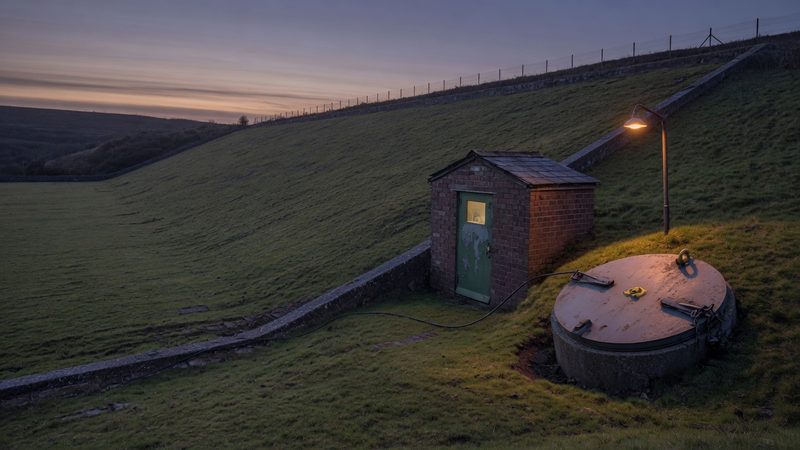 A grass-covered service reservoir on a hillside with a small brick valve house and a steel access hatch, evening sky