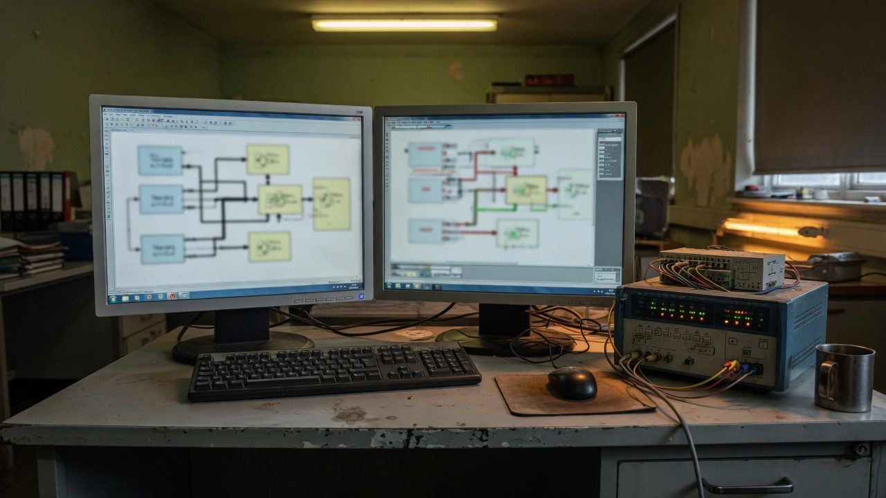 Two monitors on a desk in a dim engineering office showing blurred function block diagram software, a small PLC training rig with status lights on the desk beside them