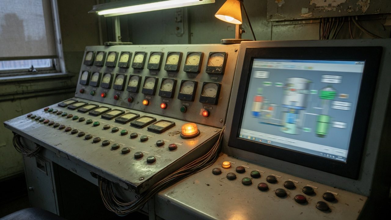 An old grey plant control desk with analogue meters, lamps and push buttons in a control room, a new touchscreen operator panel mounted beside it showing a blurred process graphic