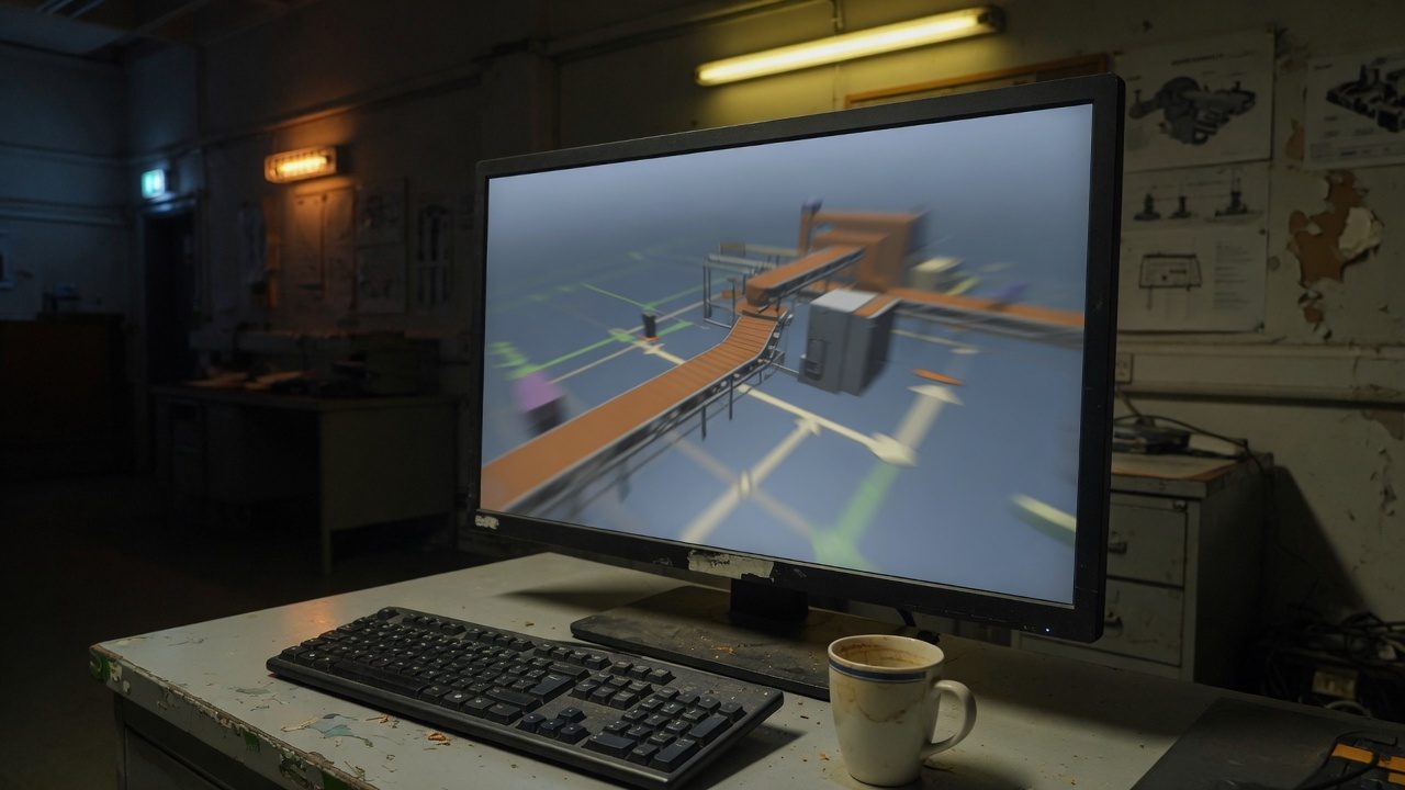 A modern thin-bezel widescreen flat-panel monitor in a dim engineering office showing a blurred 3D model of a conveyor plant simulation, a keyboard and a coffee mug in the foreground